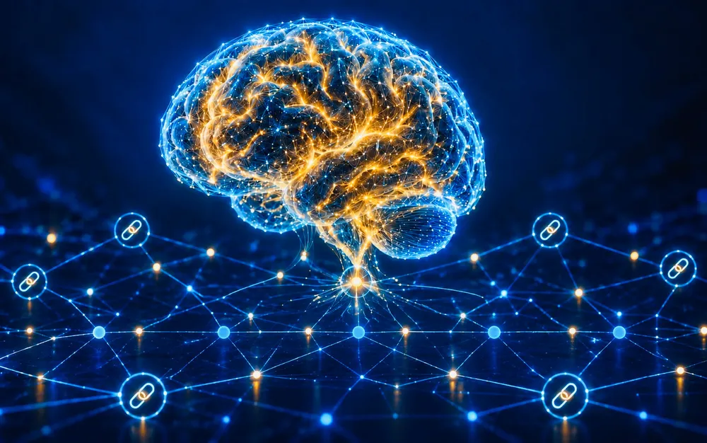 Concept illustration of a luminous blue-and-gold brain above a fine network of connected circular chain-link symbols.