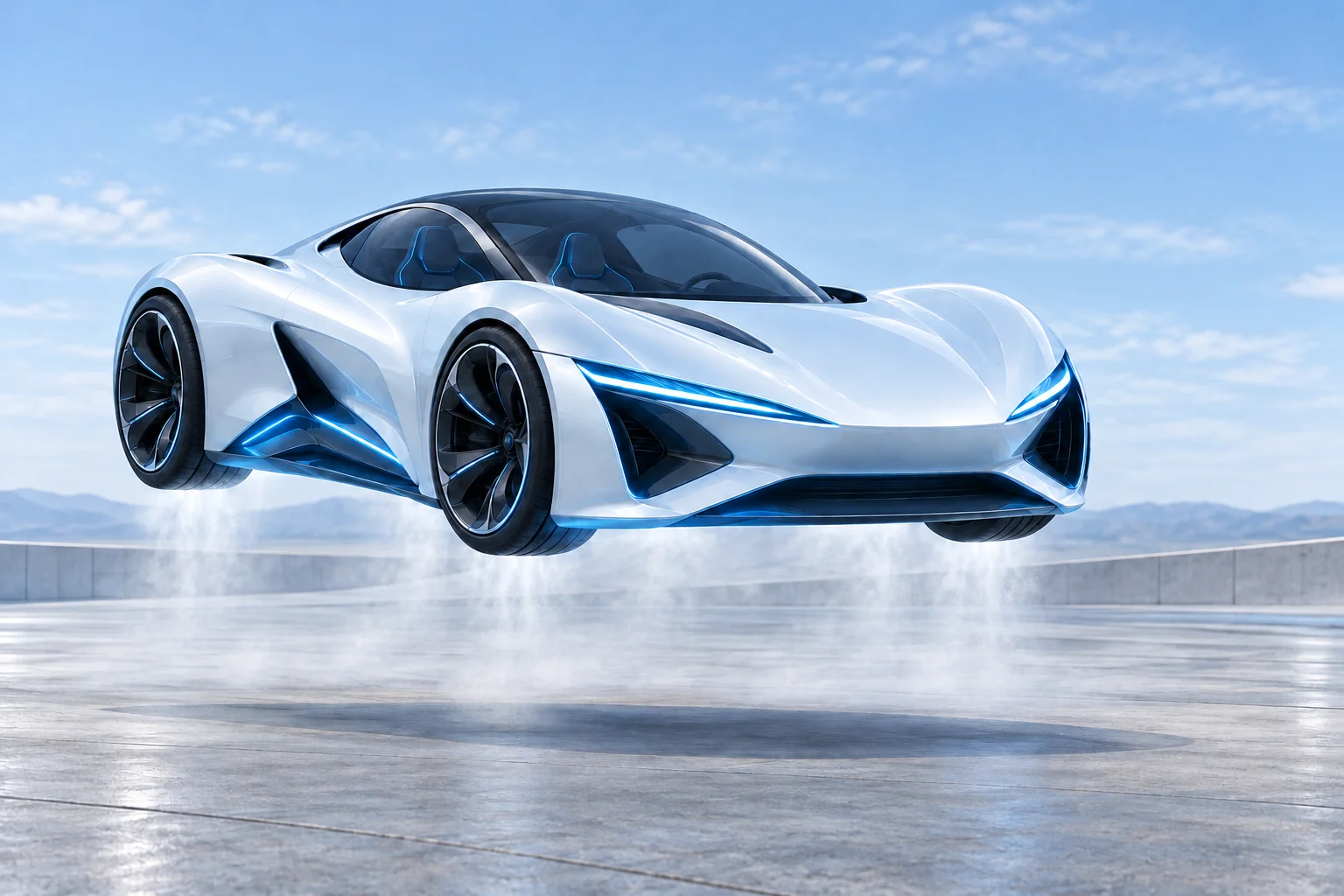 AI-generated concept illustration of a white futuristic sports car airborne above a concrete test area, with soft vapor underneath.